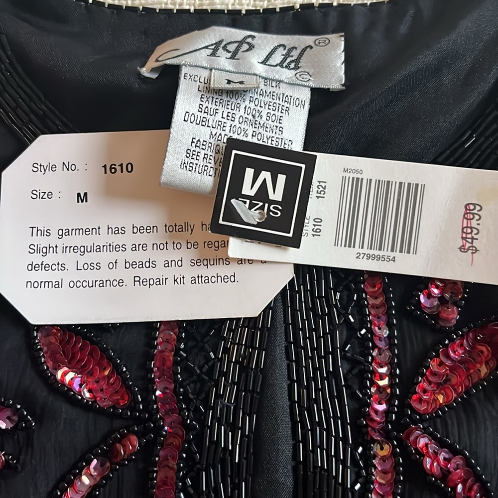 Vintage Beaded Jacket Sequins Black Red  Valentine Medium NWT - Picture 5 of 11